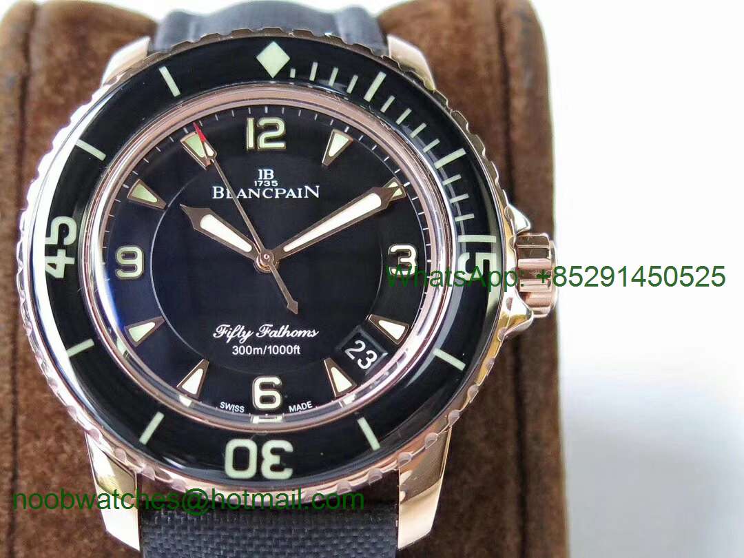 Replica Blancpain Fifty Fathoms Rose Gold Black ZF 1:1 Best Edition Black Dial A2836 (Free Extra Strap)