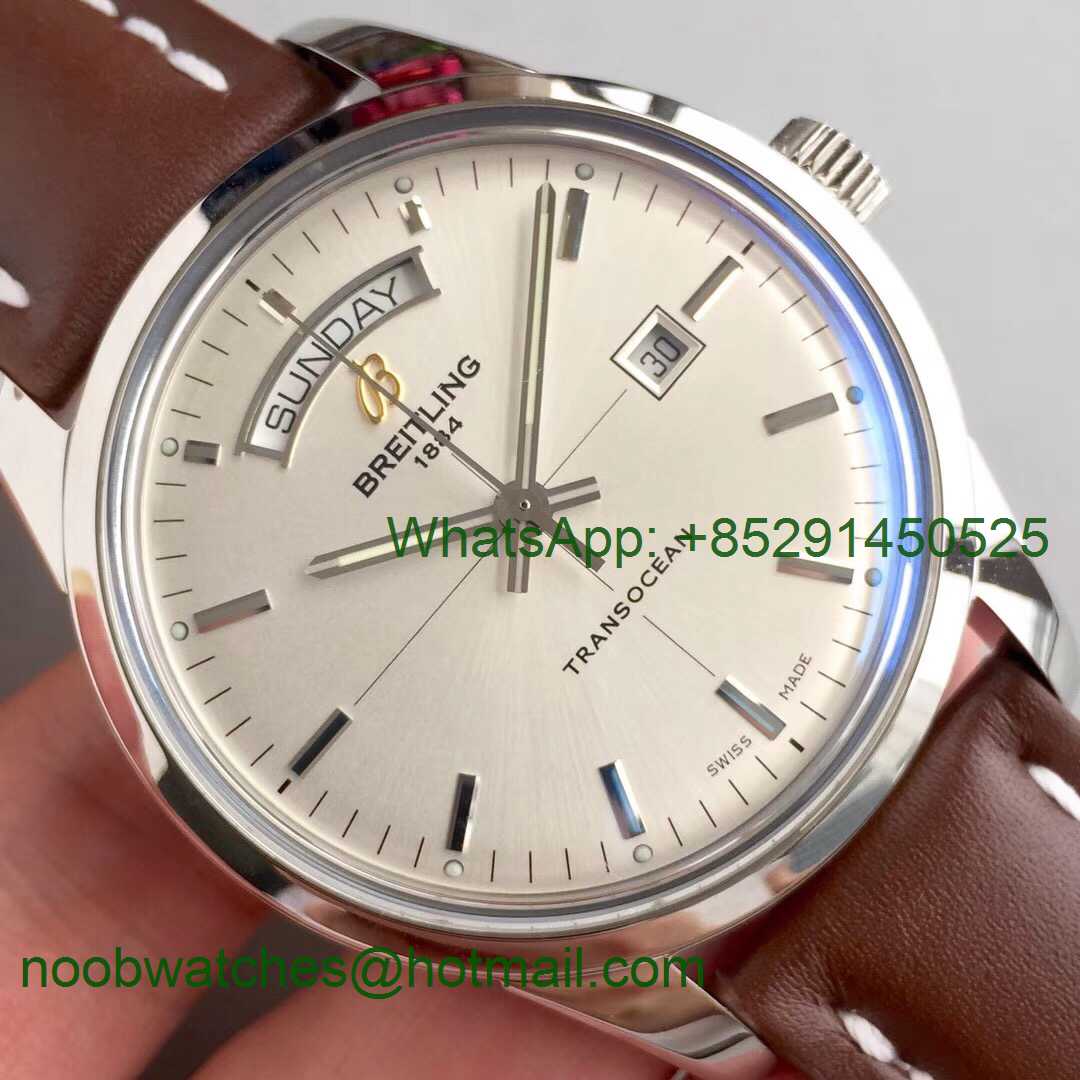 Replica Breitling Transocean Day & Date Automatic SS White Dial on Brown Leather Strap A2836
