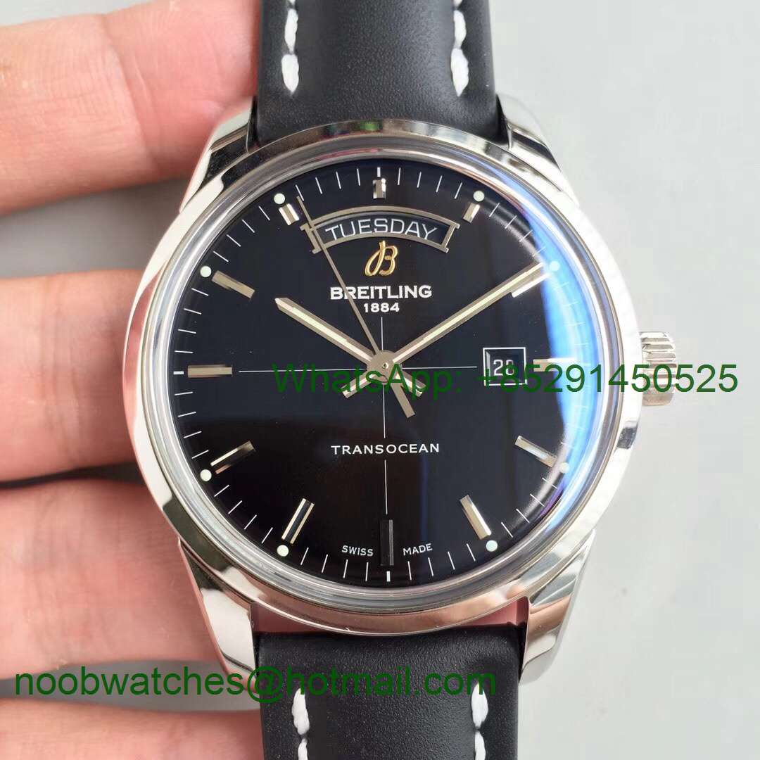 Replica Breitling Transocean Day & Date Automatic SS Black Dial on Black Leather Strap A2836