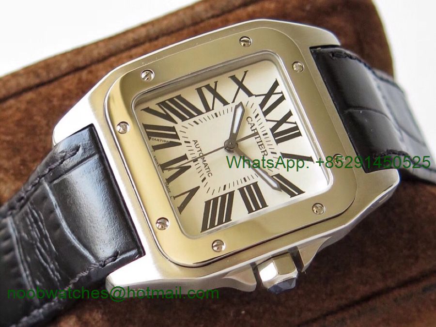 Replica Cartier Santos 100 38mm SS V6F 1:1 Best Edition White Dial on Black Leather Strap A2824