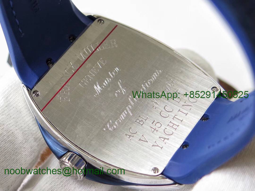 Replica Frank Muller Vanguard V45 Chrono SS ABF Best Edition Blue Textured Dial on Blue Gummy Strap A7750