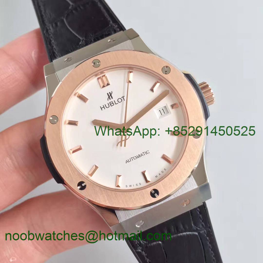 Replica Hublot Classic Fusion 42mm Rose Gold JJF 1:1 Best Edition White Dial on Black Gummy Strap A2892