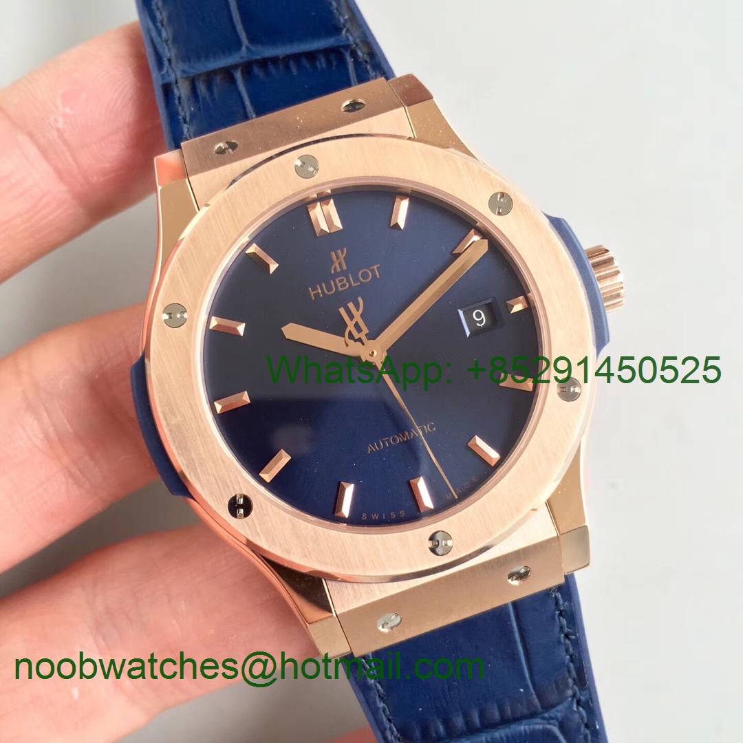 Replica Hublot Classic Fusion 42mm Rose Gold JJF 1:1 Best Edition Blue Dial on Blue Gummy Strap A2892