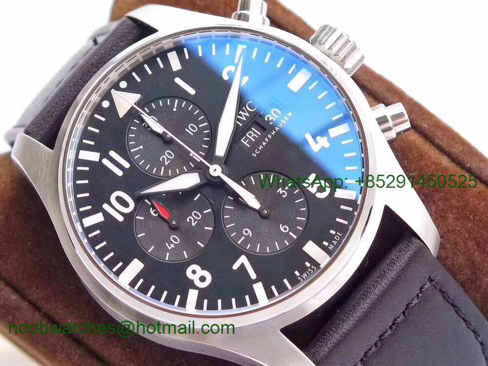 Replica IWC Pilot Chrono IW377709 ZF Best Edition Black Dial on Black Leather Strap A7750