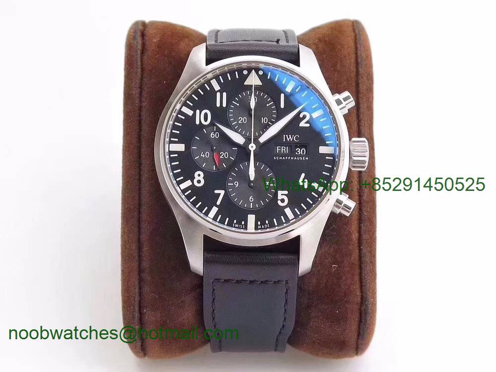 Replica IWC Pilot Chrono IW377709 ZF Best Edition Black Dial on Black Leather Strap A7750