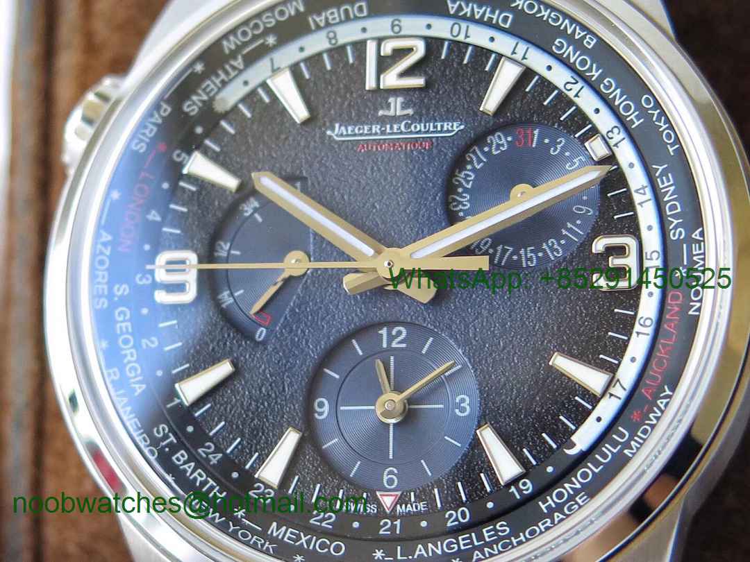 Replica Jaeger Lecoultre JLC Polaris Geographic TWA SS Blue Textured Dial on Black Leather Strap A936