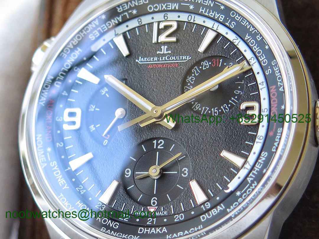 Replica Jaeger Lecoultre JLC Polaris Geographic TWA SS Black Textured Dial on Black Leather Strap A936