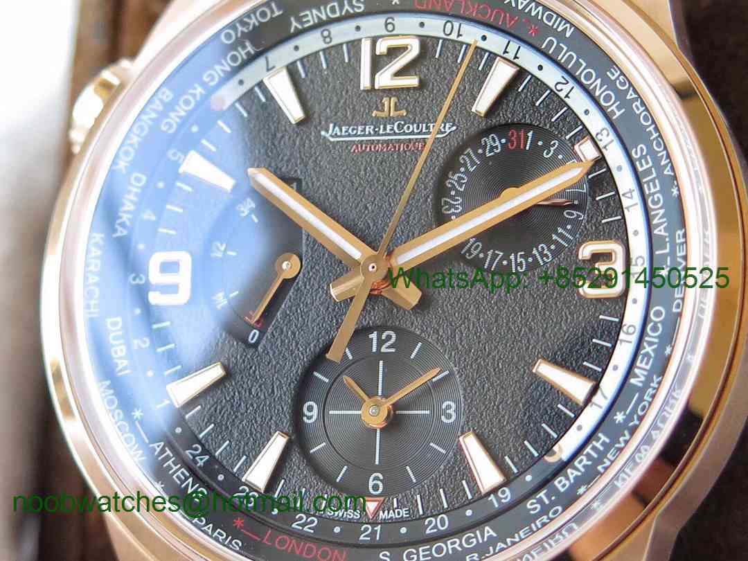 Replica Jaeger Lecoultre JLC Polaris Geographic TWA Rose Gold Black Textured Dial on Black Leather Strap A936