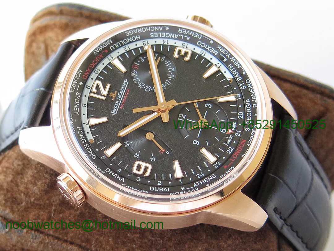 Replica Jaeger Lecoultre JLC Polaris Geographic TWA Rose Gold Black Textured Dial on Black Leather Strap A936