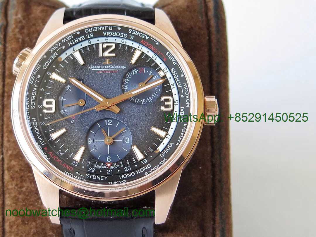 Replica Jaeger Lecoultre JLC Polaris Geographic TWA Rose Gold Blue Textured Dial on Black Leather Strap A936