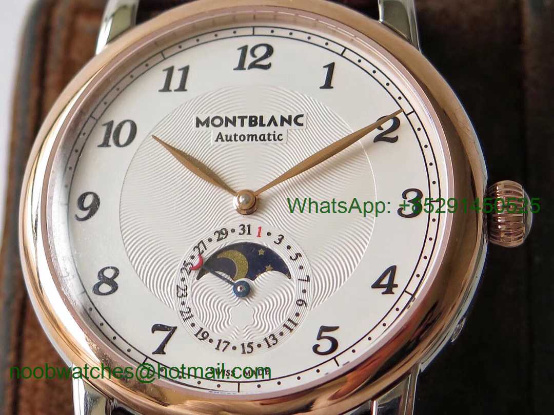 Replica Montblanc Star Legacy Moonphase 42 mm Rose Gold White Dial Gold Markers on Black Leather Strap MIYOTA 9015
