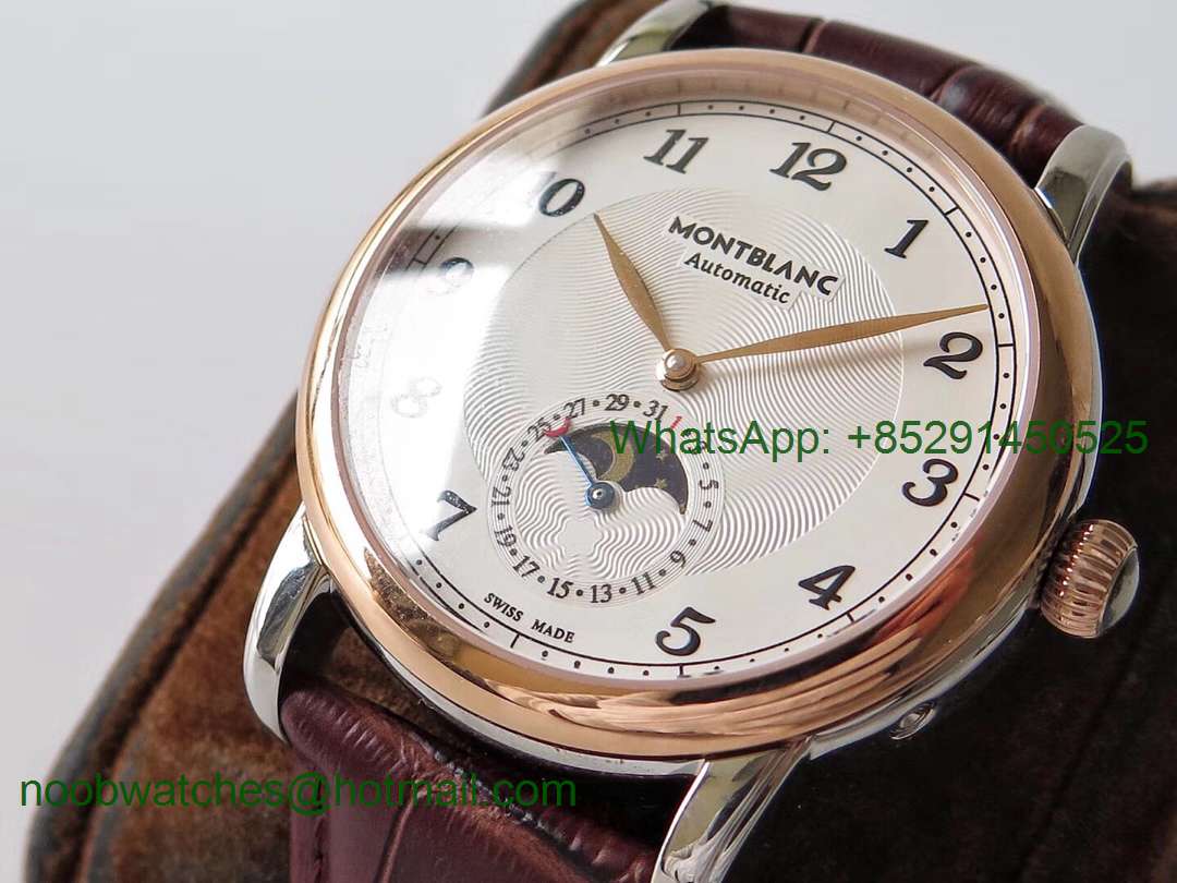 Replica Montblanc Star Legacy Moonphase 42 mm Rose Gold White Dial Gold Markers on Black Leather Strap MIYOTA 9015