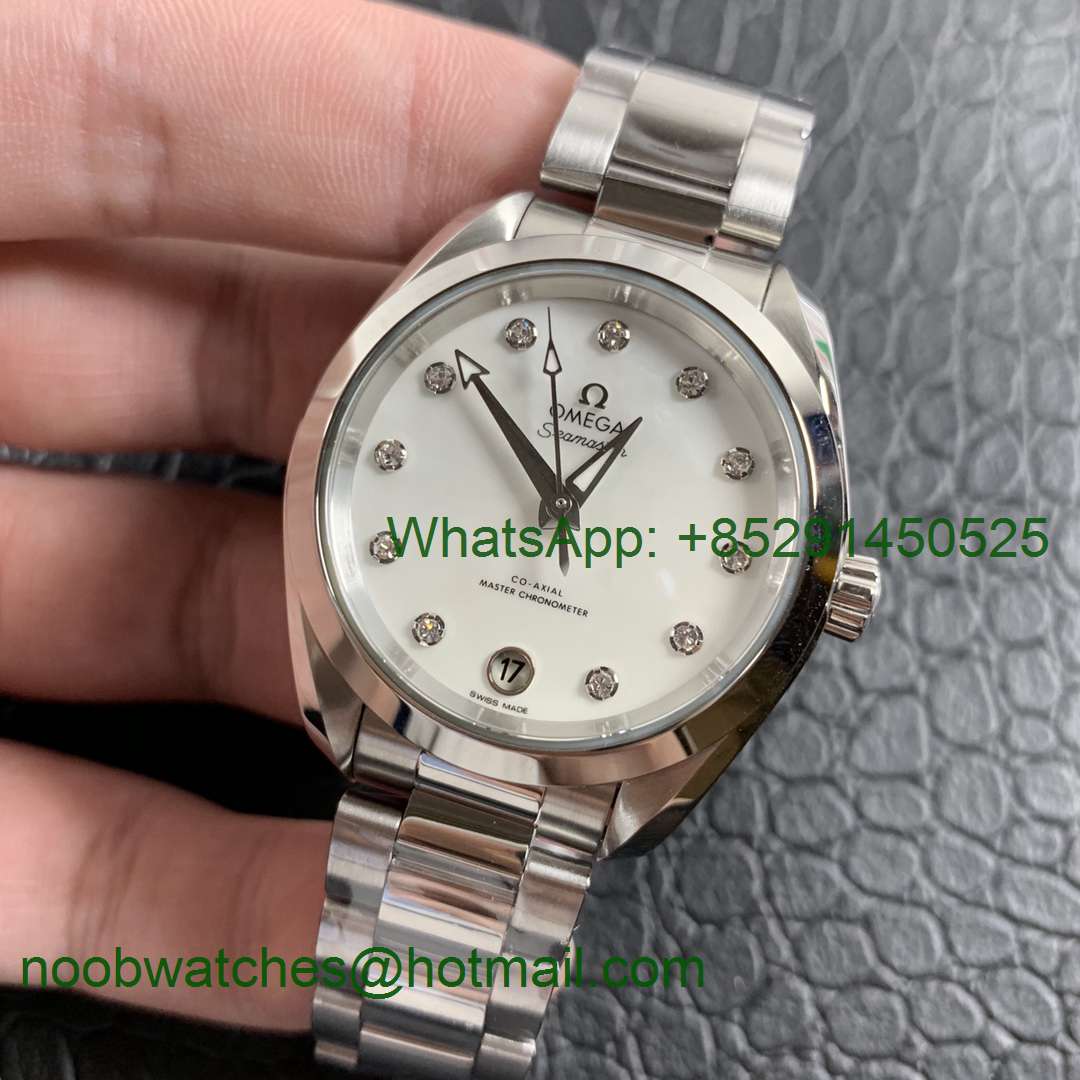 Replica OMEGA Aqua Terra 150M 34mm Ladies SS VSF 1:1 Best Edition White MOP Dial Diamonds Markers on SS Bracelet A8800