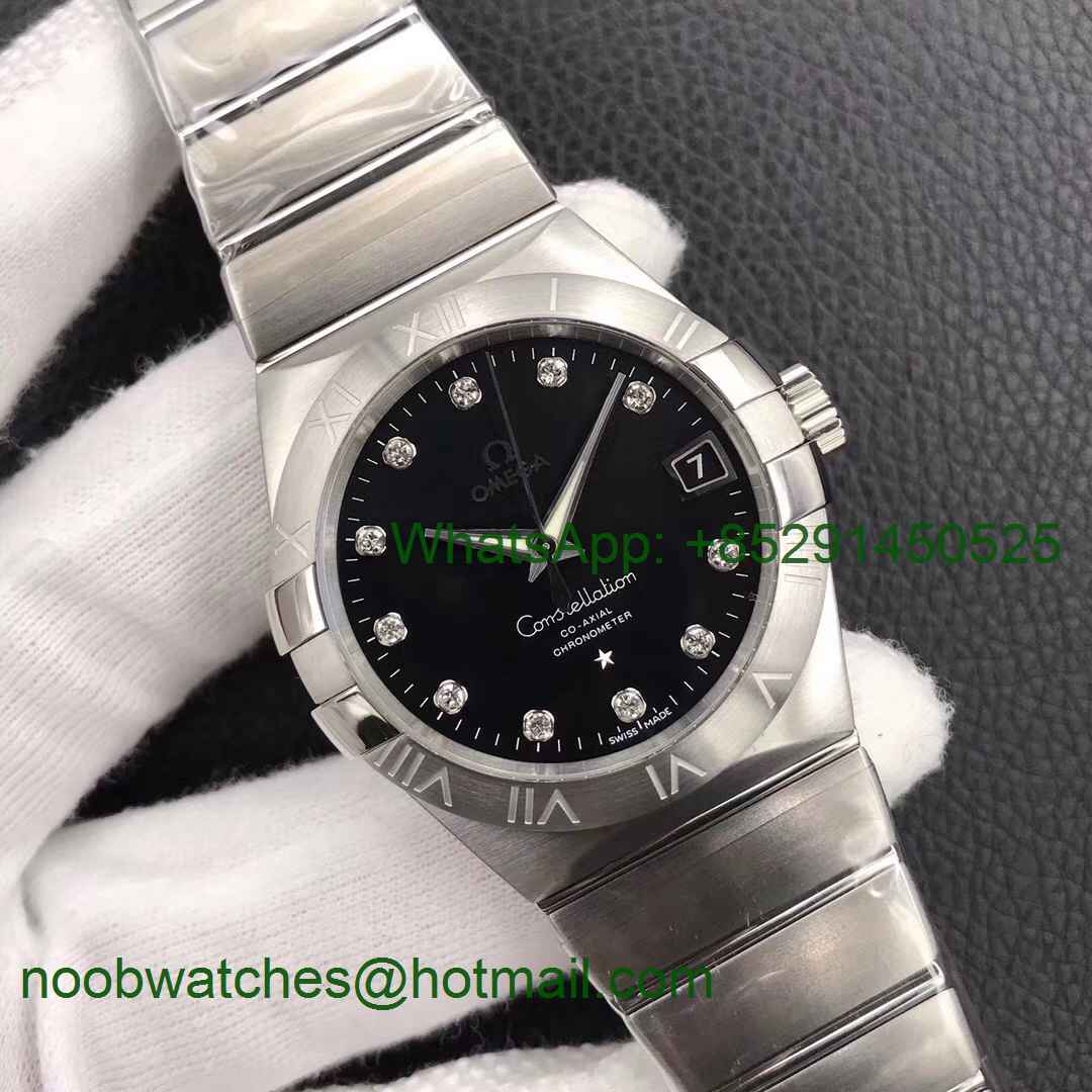 Replica OMEGA Constellation 38mm SS VSF 1:1 Best Edition Black Dial Diamonds Markers on SS Bracelet A8500 Super Clone