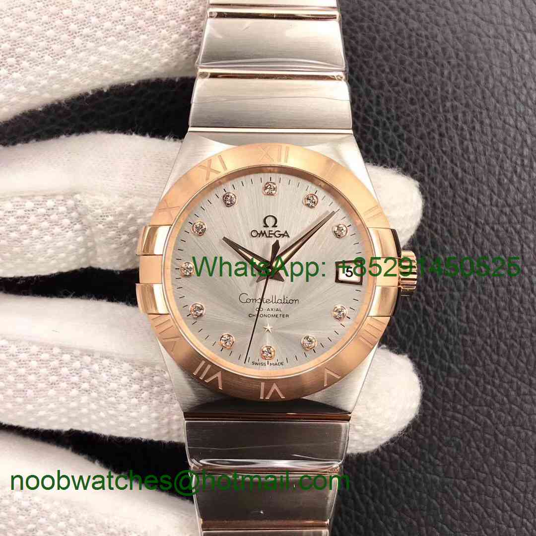 Replica OMEGA Constellation 38mm SS/Rose Gold VSF 1:1 Best Edition Silver Dial Diamonds Marker A8500 Super Clone