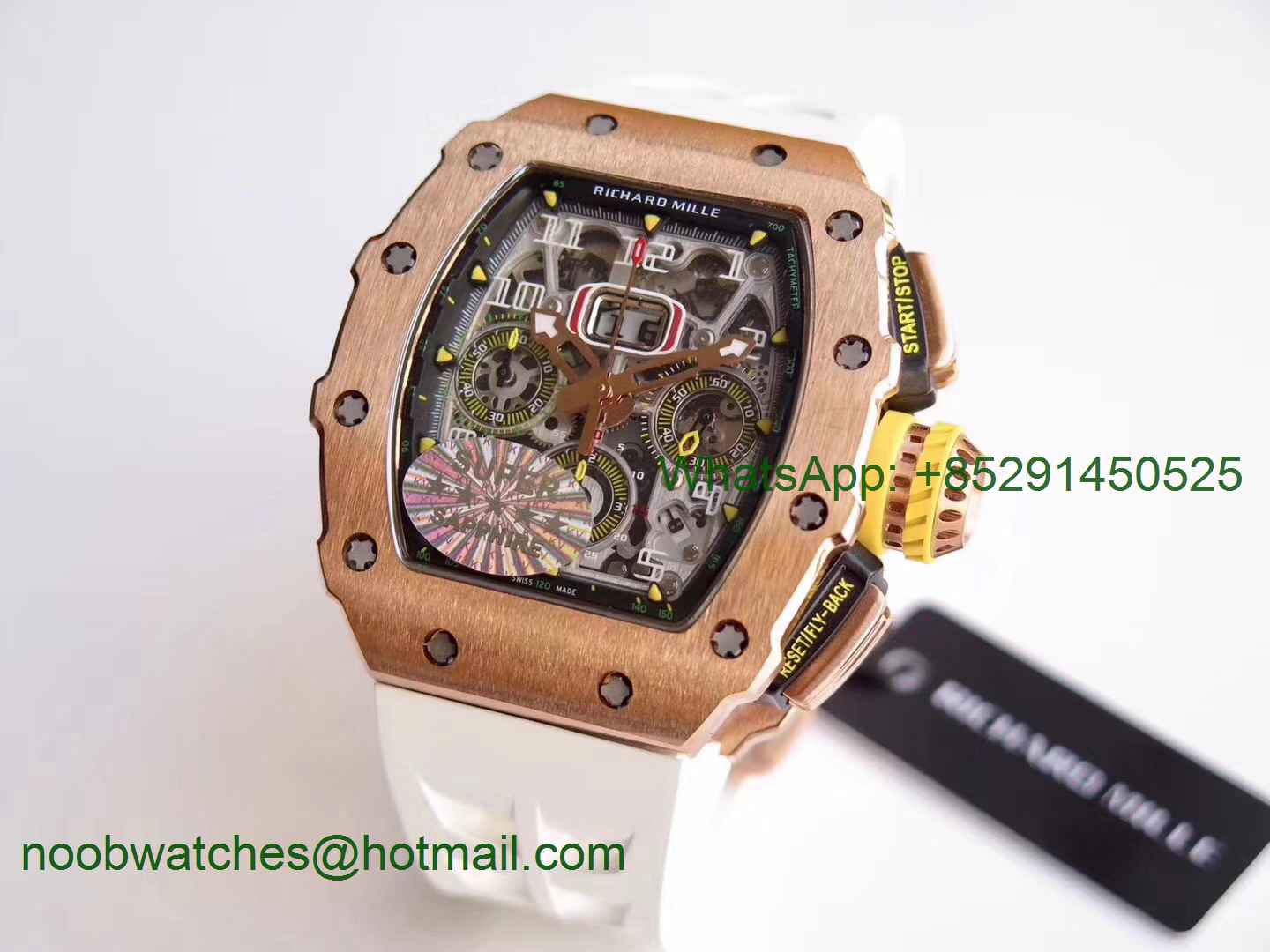 Replica Richard Mille RM011 Rose Gold Chronograph KVF 1:1 Best Edition Crystal Skeleton Dial A7750