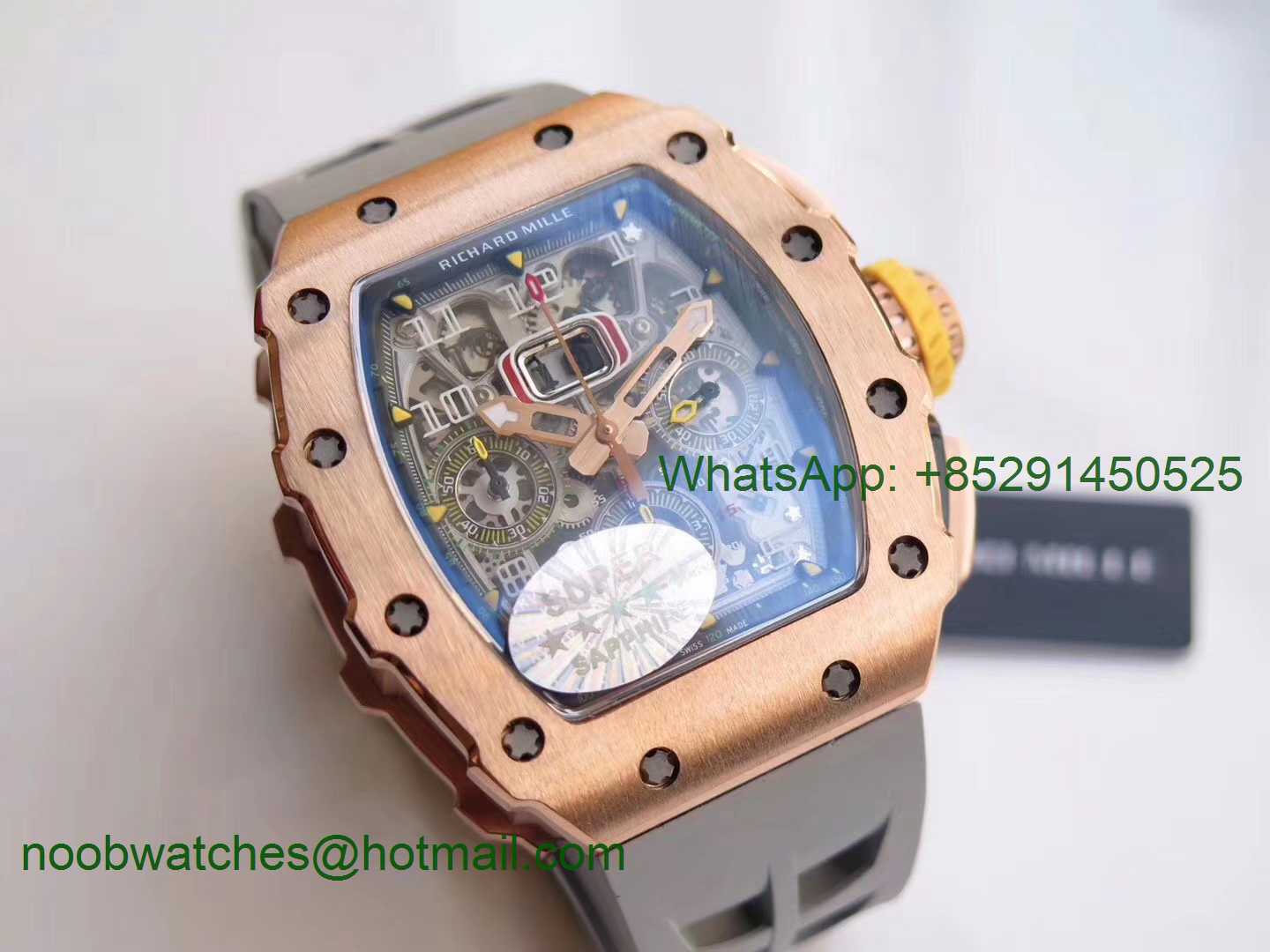 Replica Richard Mille RM011 Rose Gold Chronograph KVF 1:1 Best Edition Crystal Skeleton Dial on Gray Rubber Strap A7750