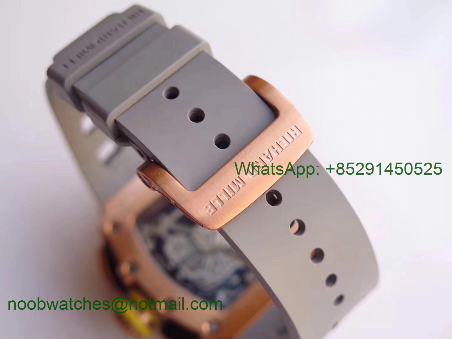 Replica Richard Mille RM011 Rose Gold Chronograph KVF 1:1 Best Edition Crystal Skeleton Dial on Gray Rubber Strap A7750