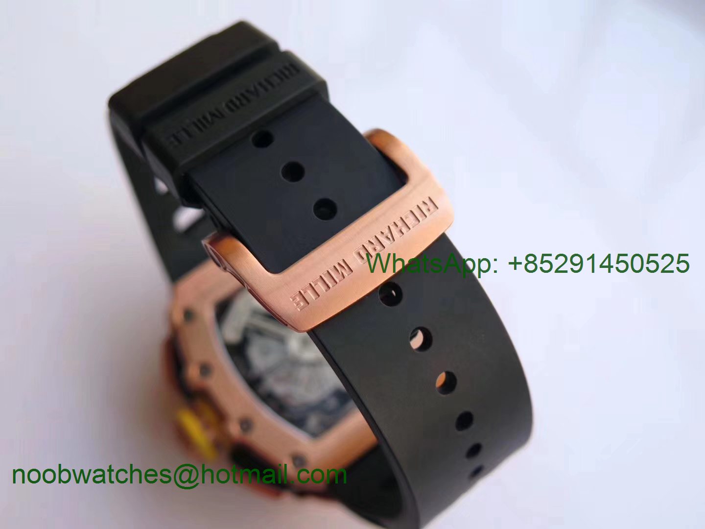 Replica Richard Mille RM011 Rose Gold Chronograph KVF 1:1 Best Edition Crystal Skeleton Dial on Black Rubber Strap A7750