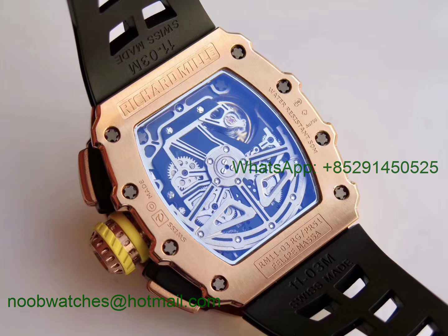 Replica Richard Mille RM011 Rose Gold Chronograph KVF 1:1 Best Edition Crystal Skeleton Dial on Black Rubber Strap A7750