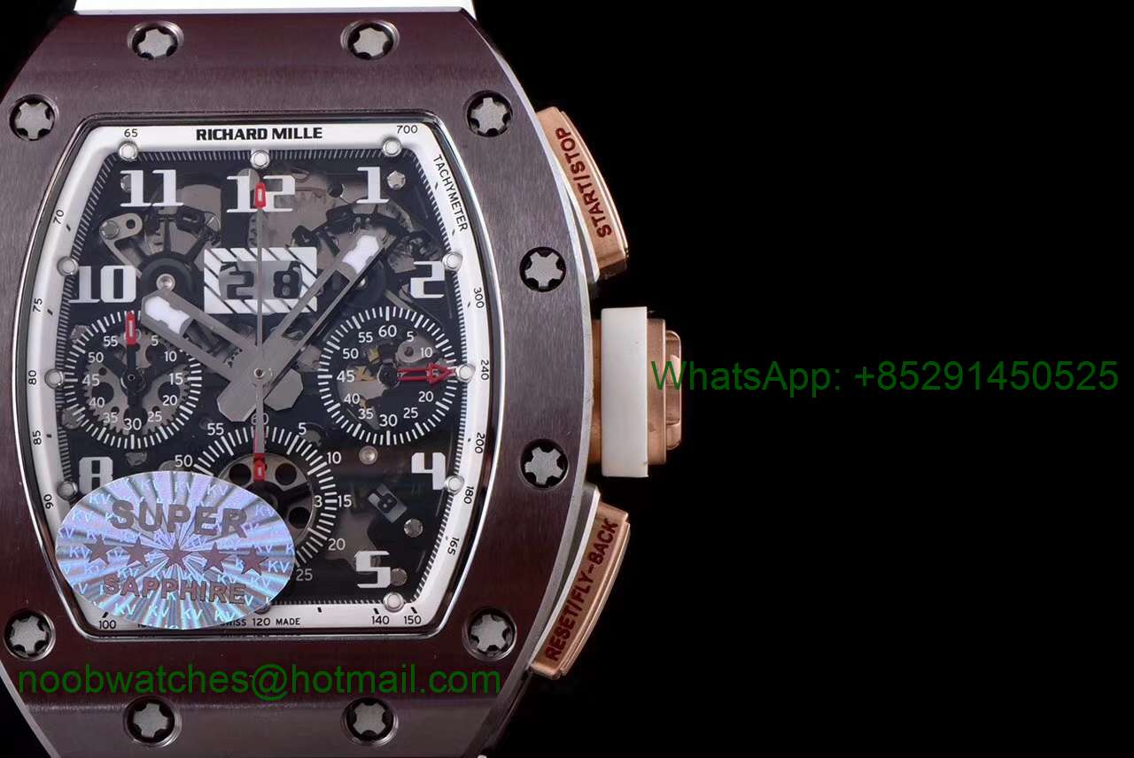 Replica Richard Mille RM011 Real Brown Ceramic Case Chronograph KVF 1:1 Best Edition Crystal Skeleton Dial on Rubber Str