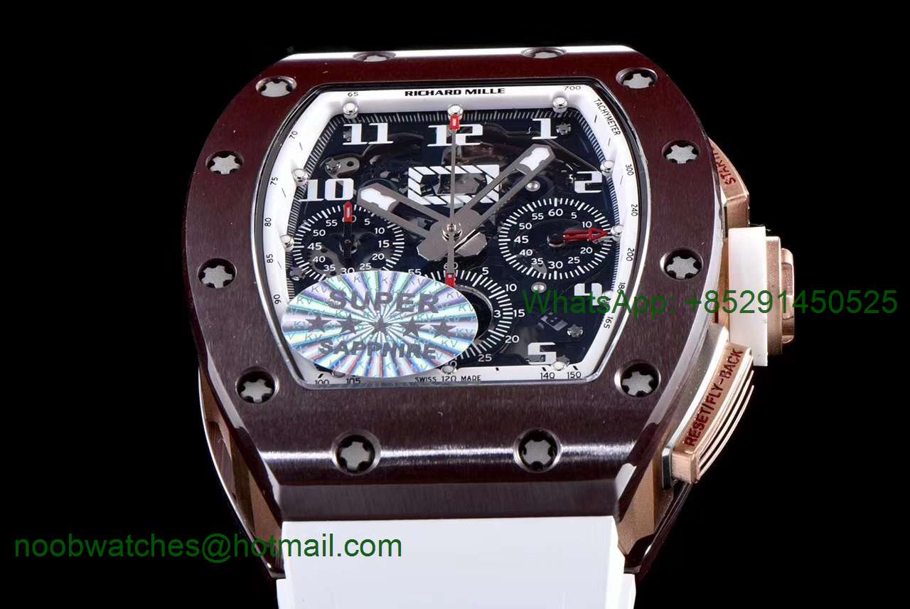 Replica Richard Mille RM011 Real Brown Ceramic Case Chronograph KVF 1:1 Best Edition Crystal Skeleton Dial on Rubber Str