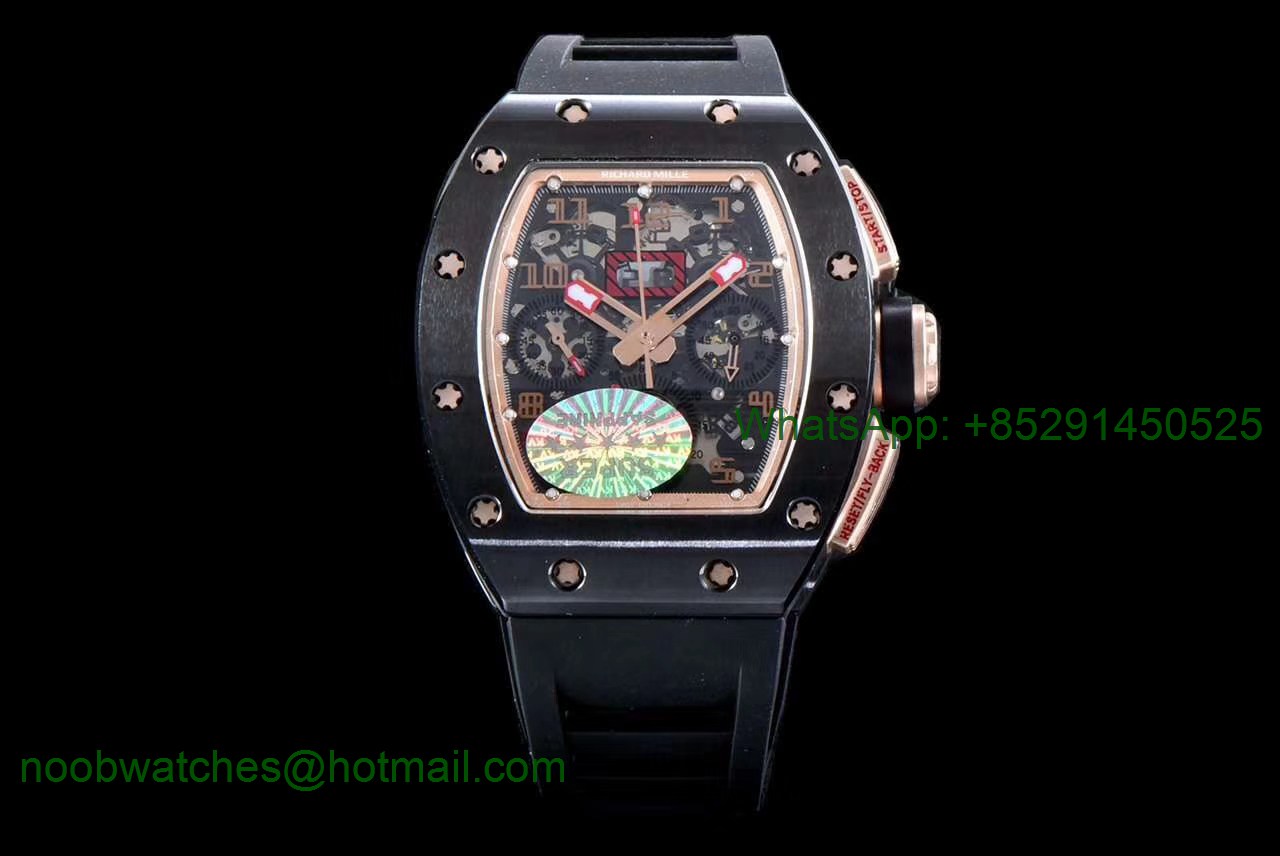 Replica Richard Mille RM011 Real Ceramic Case Chronograph KVF 1:1 Best Edition Crystal Skeleton Dial Gold Markers A7750