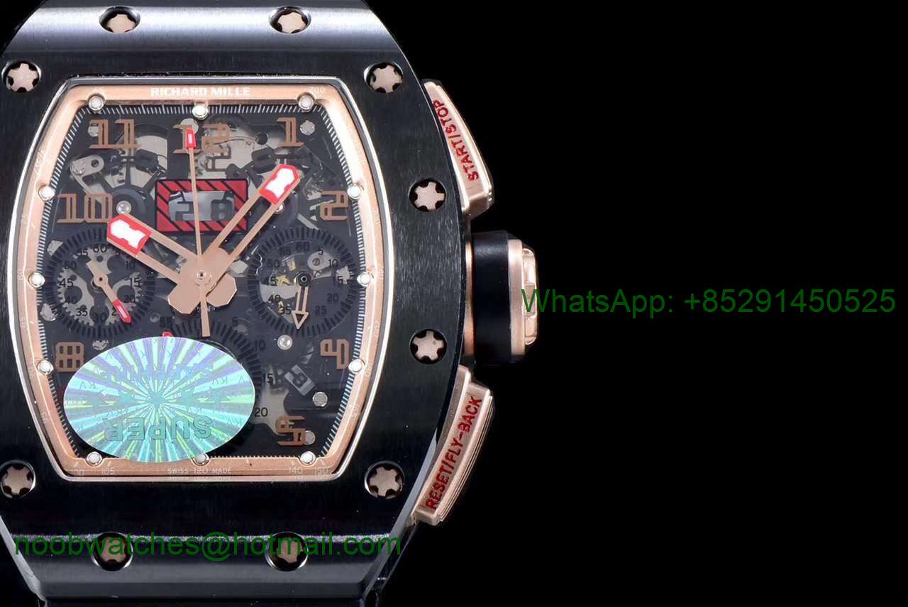 Replica Richard Mille RM011 Real Ceramic Case Chronograph KVF 1:1 Best Edition Crystal Skeleton Dial Gold Markers A7750