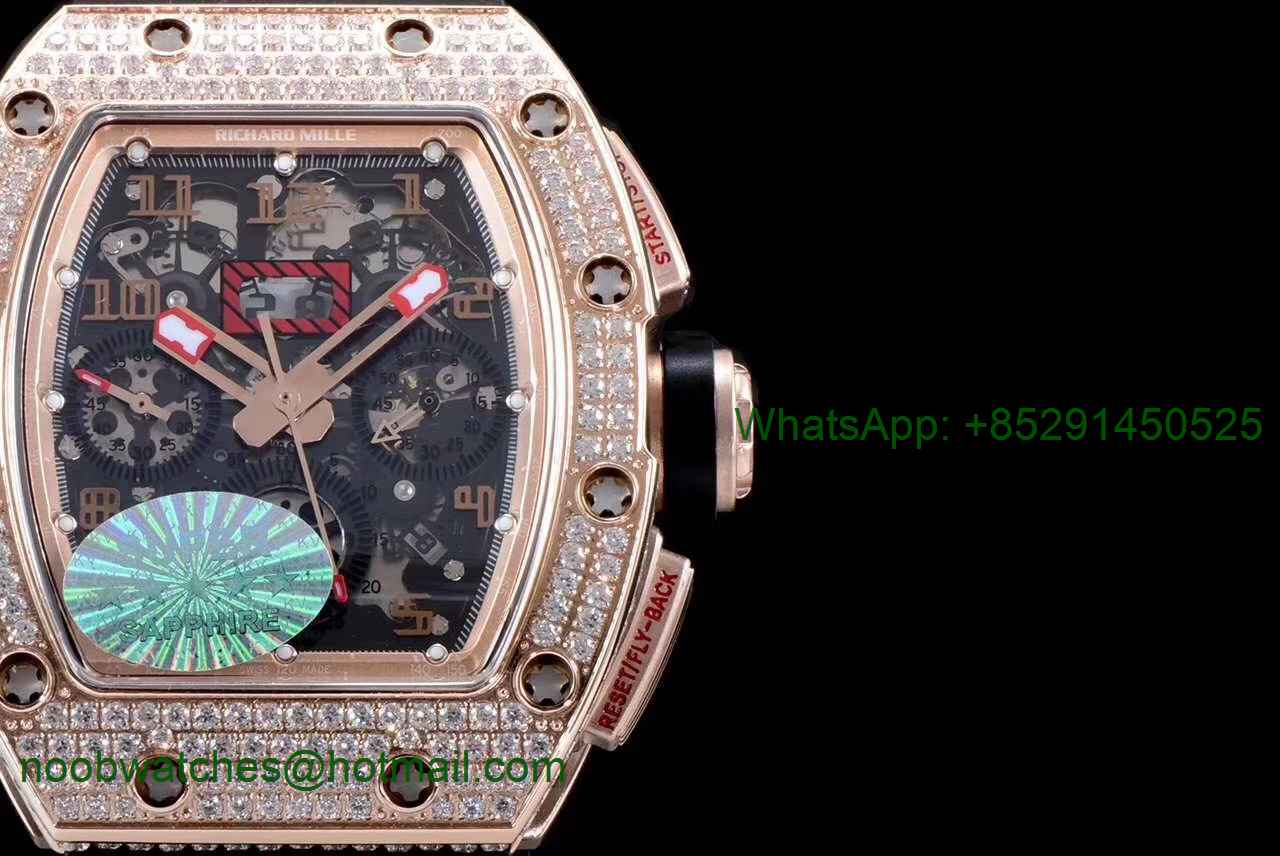 Replica Richard Mille RM011 Rose Gold Chronograph Diamonds KVF 1:1 Best Edition Crystal Skeleton Dial A7750