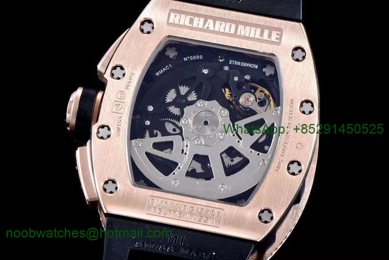Replica Richard Mille RM011 Rose Gold Chronograph Diamonds KVF 1:1 Best Edition Crystal Skeleton Dial A7750