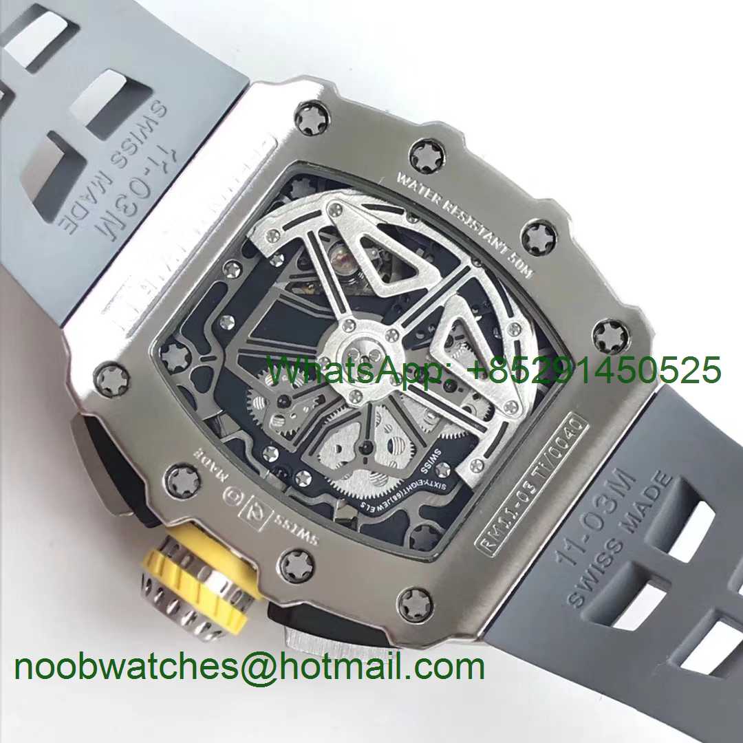 Replica Richard Mille RM11-03 SS KVF 1:1 Best Edition Crystal Skeleton Dial on Gray Racing Rubber Strap A7750