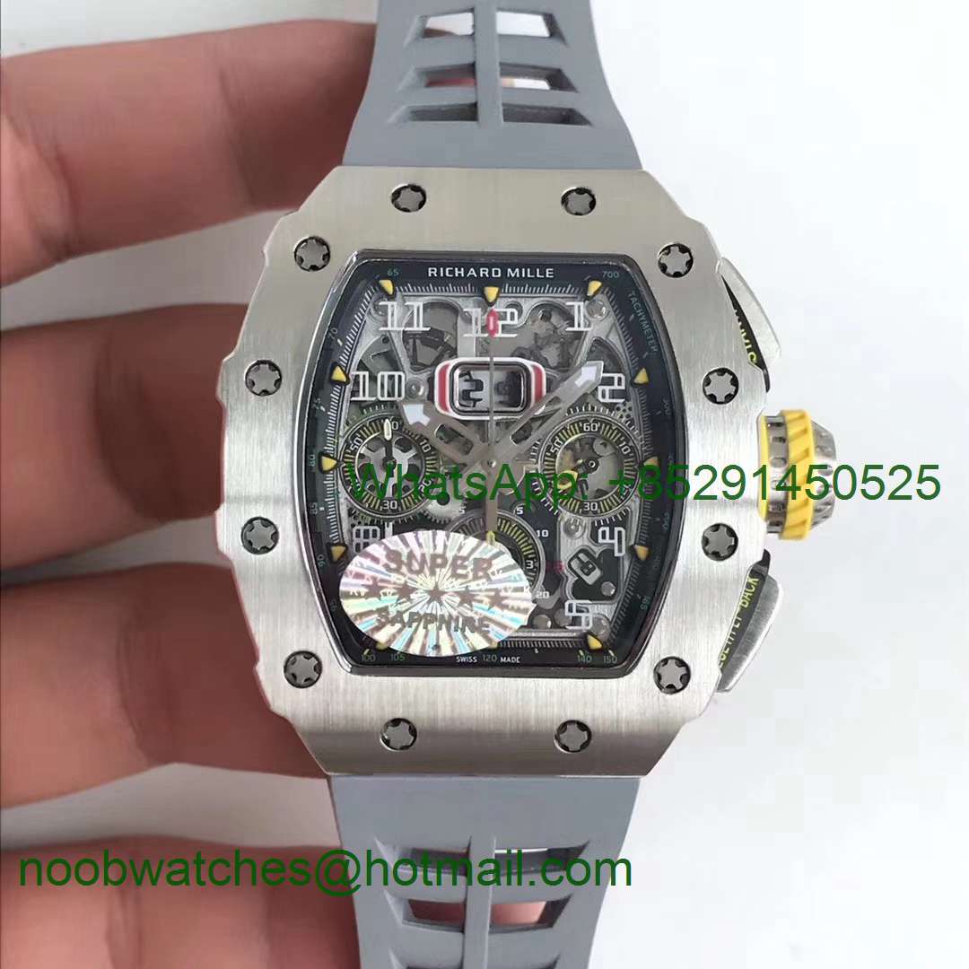 Replica Richard Mille RM11-03 SS KVF 1:1 Best Edition Crystal Skeleton Dial on Gray Racing Rubber Strap A7750