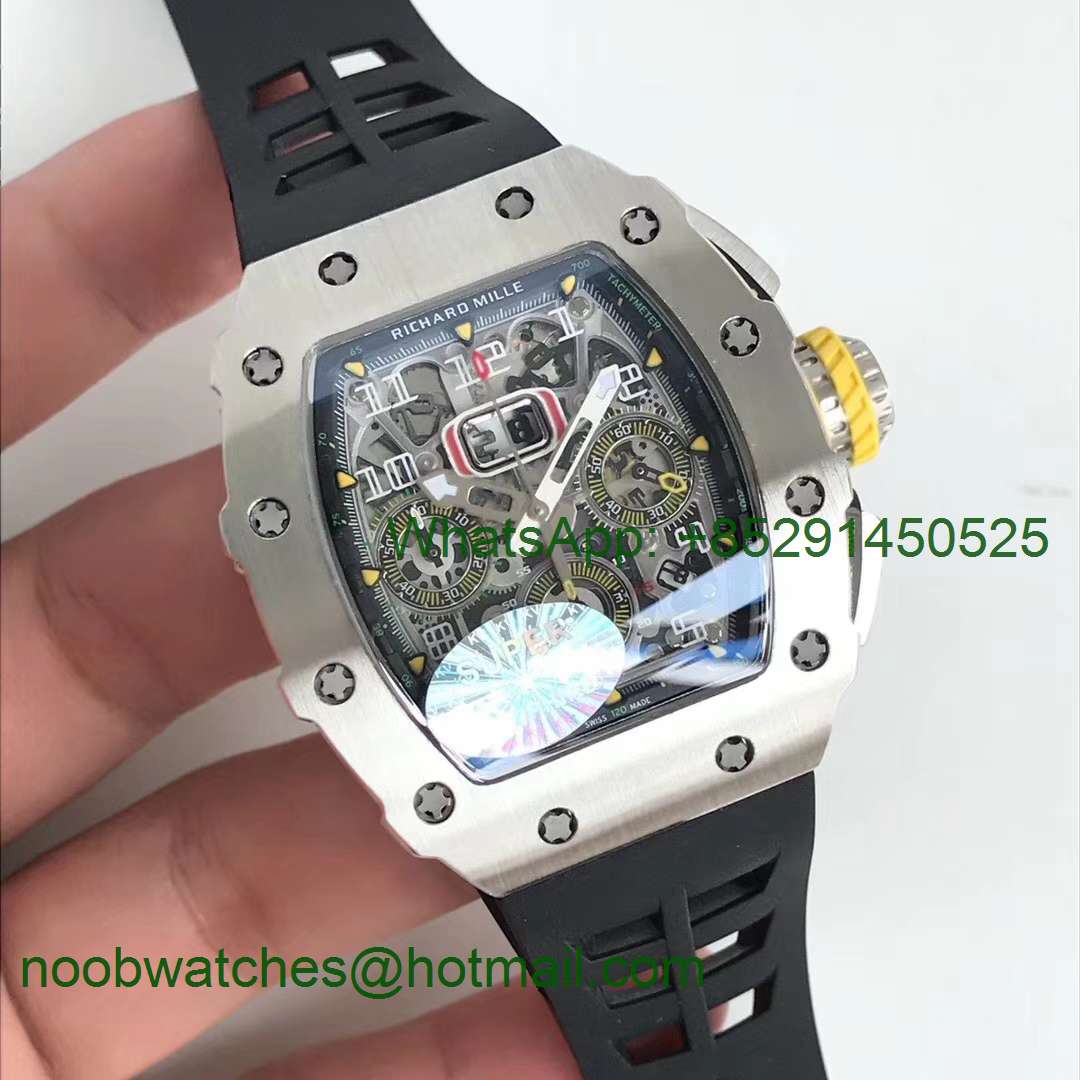 Replica Richard Mille RM11-03 SS KVF 1:1 Best Edition Crystal Skeleton Dial on Black Racing Rubber Strap A7750