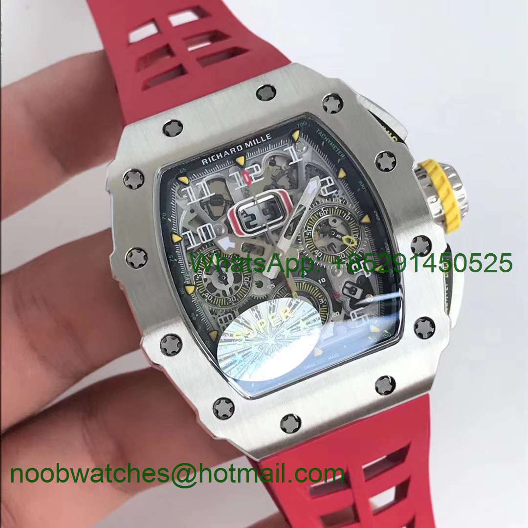 Replica Richard Mille RM11-03 SS KVF 1:1 Best Edition Crystal Skeleton Dial on Red Racing Rubber Strap A7750