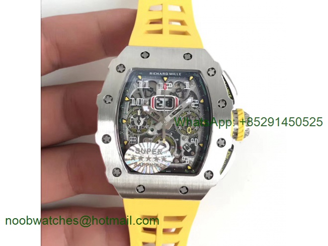 Replica Richard Mille RM11-03 SS KVF 1:1 Best Edition Crystal Skeleton Dial on Yellow Racing Rubber Strap A7750