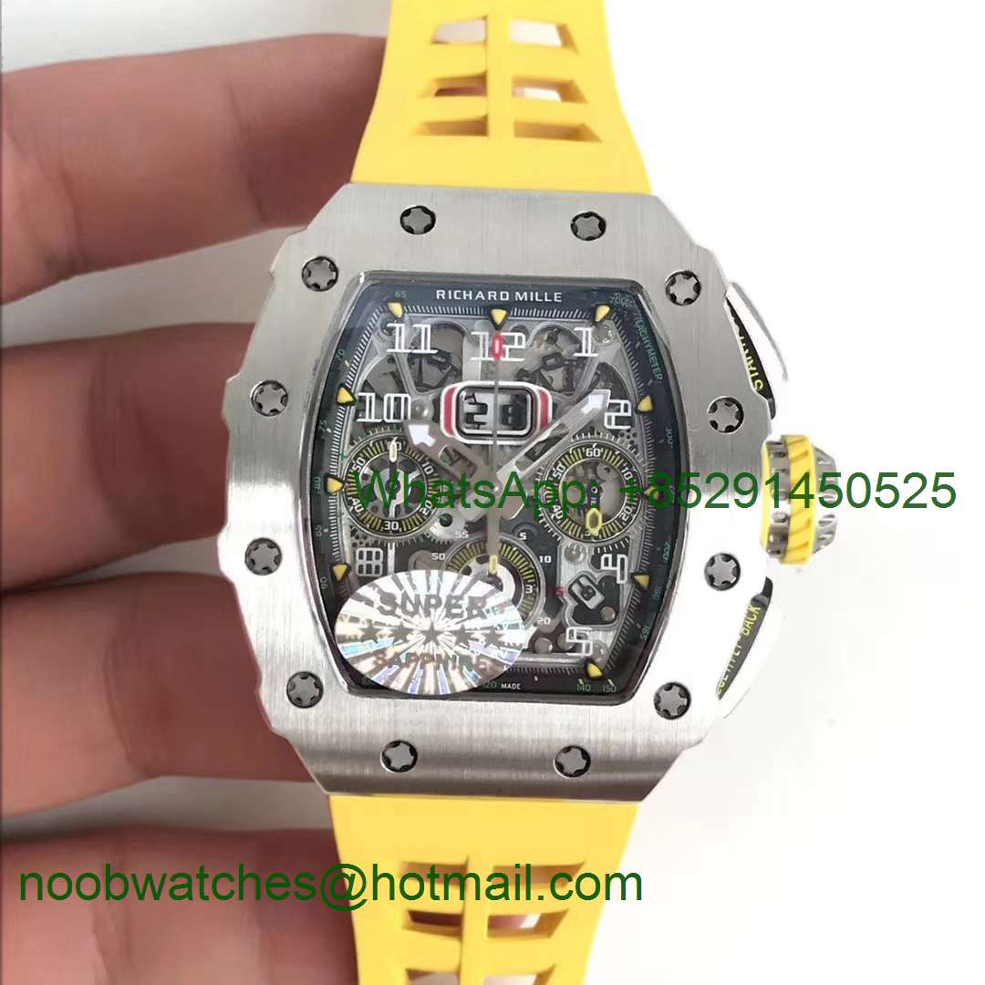 Replica Richard Mille RM11-03 SS KVF 1:1 Best Edition Crystal Skeleton Dial on Yellow Racing Rubber Strap A7750