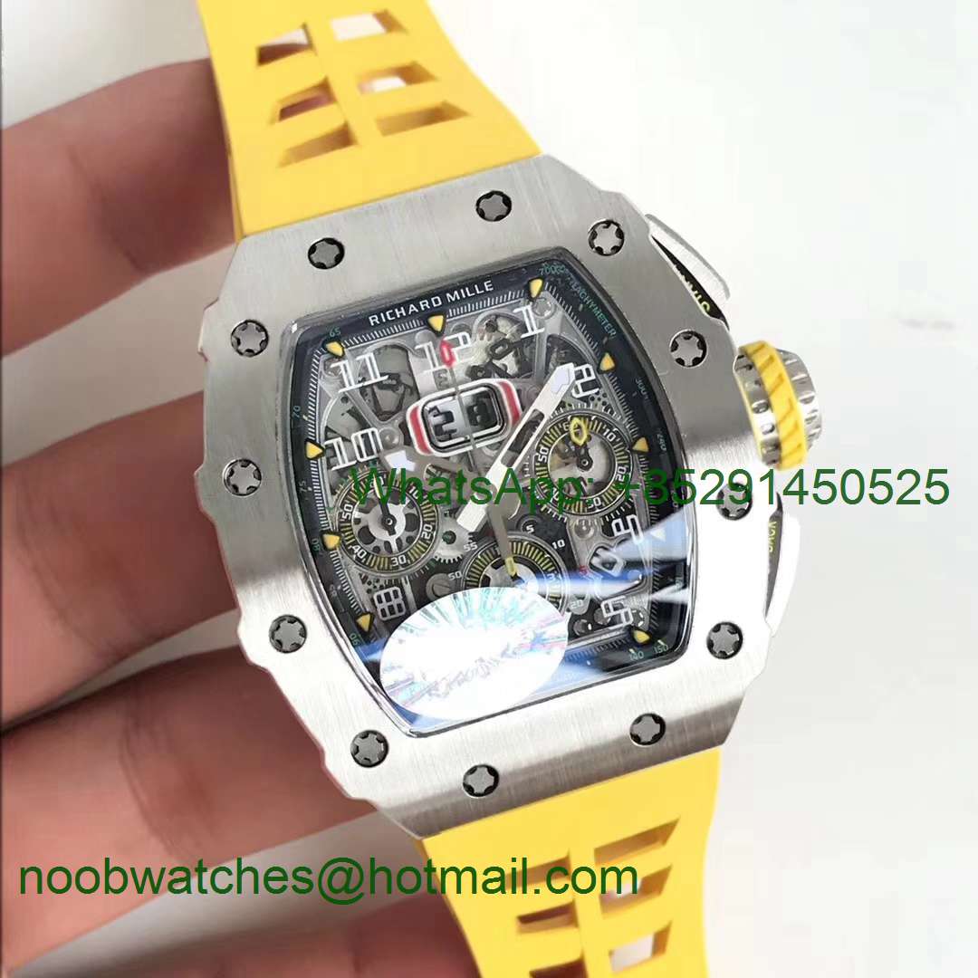 Replica Richard Mille RM11-03 SS KVF 1:1 Best Edition Crystal Skeleton Dial on Yellow Racing Rubber Strap A7750