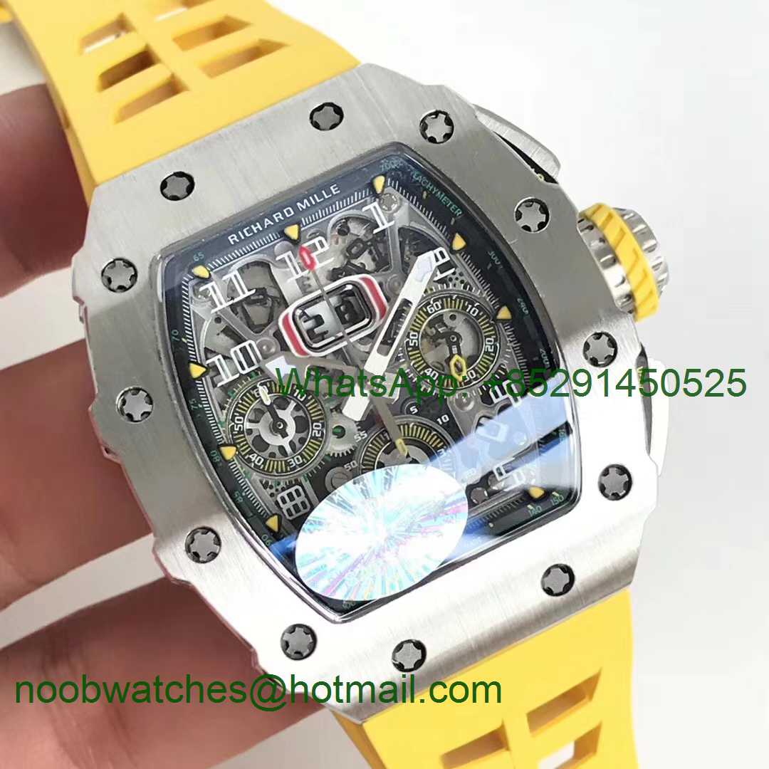 Replica Richard Mille RM11-03 SS KVF 1:1 Best Edition Crystal Skeleton Dial on Yellow Racing Rubber Strap A7750