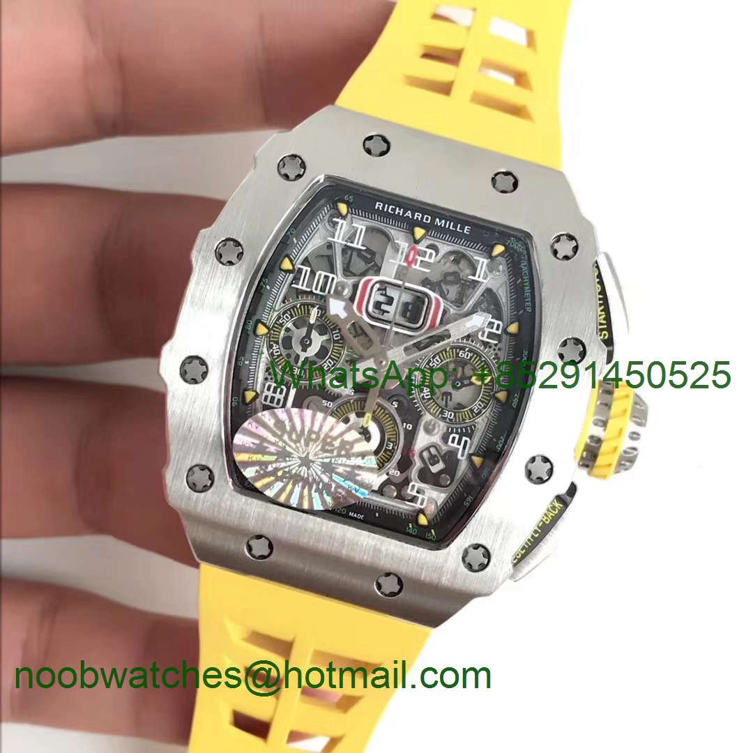 Replica Richard Mille RM11-03 SS KVF 1:1 Best Edition Crystal Skeleton Dial on Yellow Racing Rubber Strap A7750