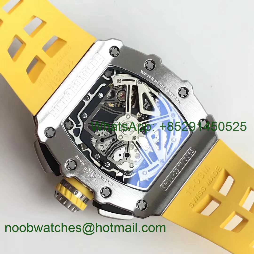 Replica Richard Mille RM11-03 SS KVF 1:1 Best Edition Crystal Skeleton Dial on Yellow Racing Rubber Strap A7750