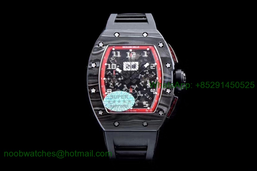 Replica Richard Mille RM011 NTPT Carbon Chrono KVF 1:1 Best Edition Crystal Skeleton Dial Red Inner Black Rubber A7750
