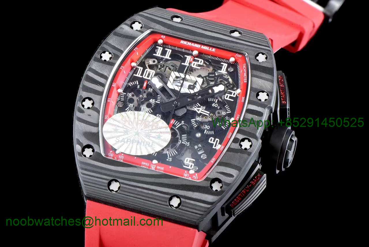 Replica Richard Mille RM011 NTPT Carbon Chrono KVF 1:1 Best Edition Crystal Skeleton Dial Red Inner Red Rubber A7750