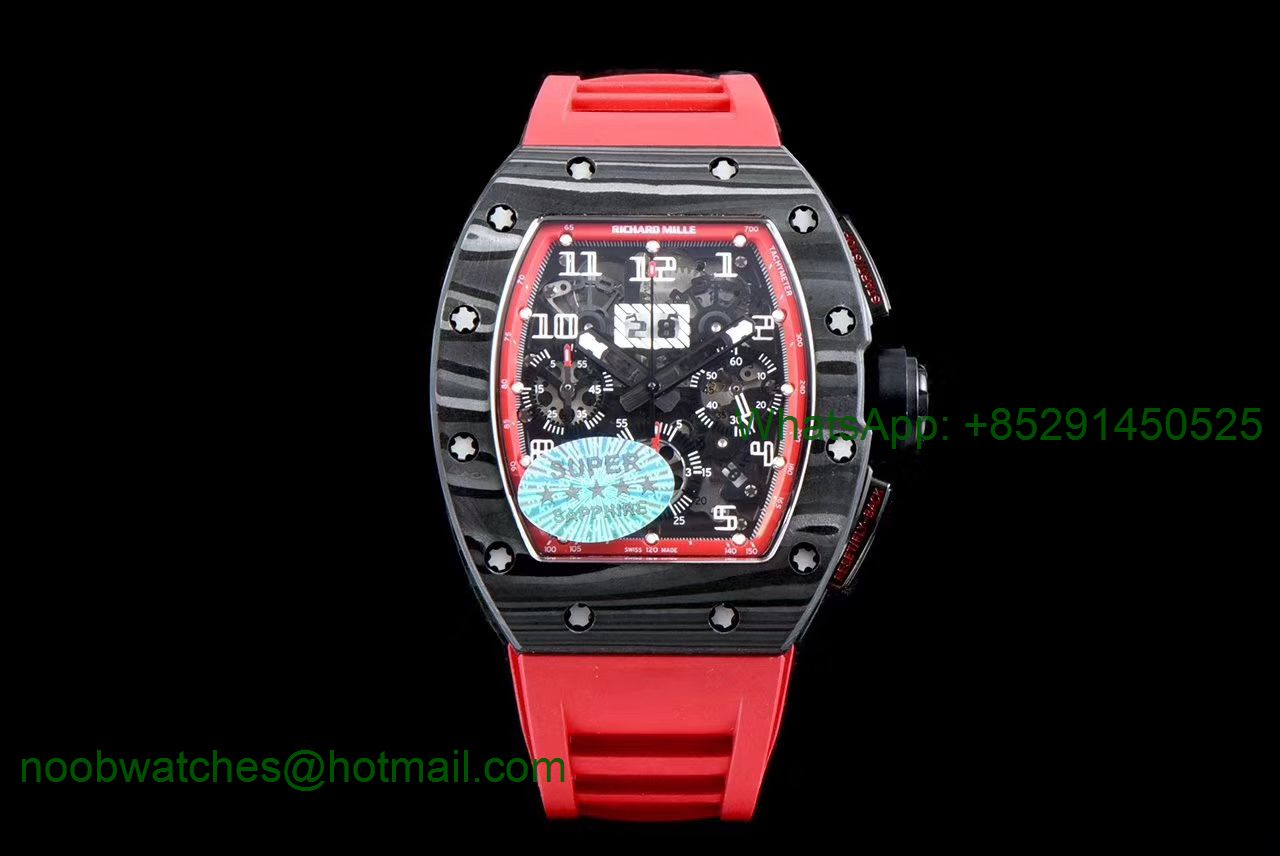 Replica Richard Mille RM011 NTPT Carbon Chrono KVF 1:1 Best Edition Crystal Skeleton Dial Red Inner Red Rubber A7750