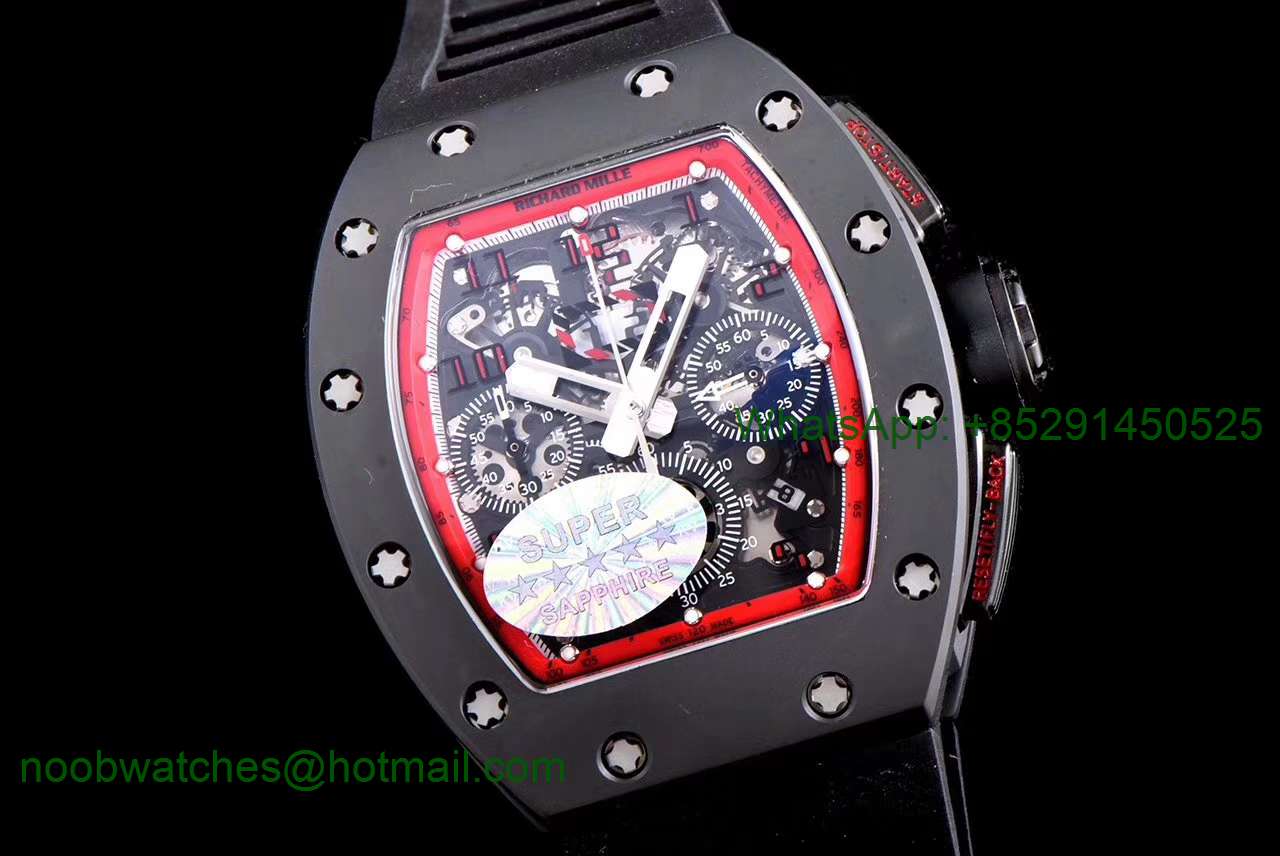 Replica Richard Mille RM011 Real Ceramic Case Chronograph KVF 1:1 Best Edition Crystal Skeleton Dial Black Rubber A7750