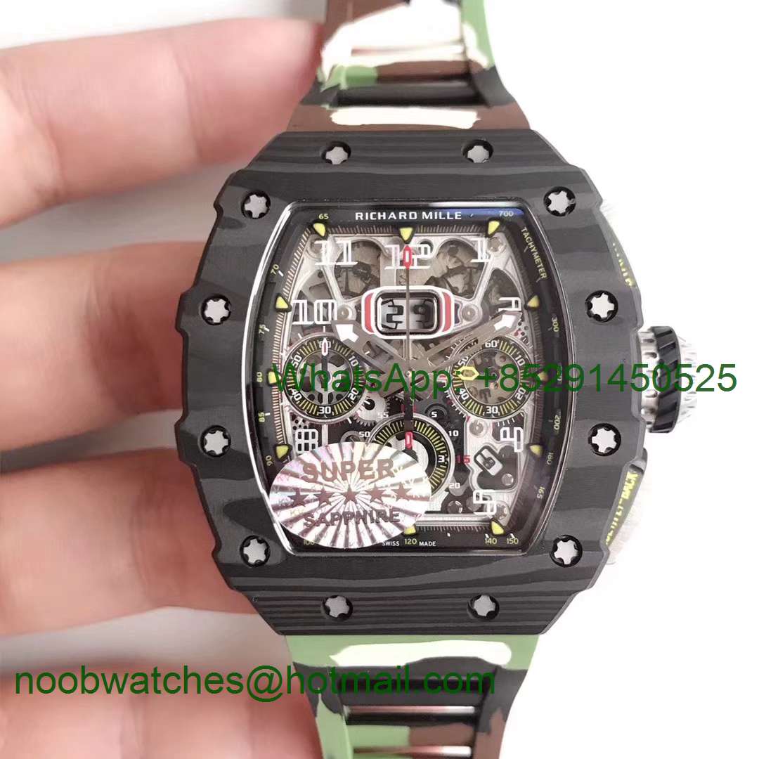 Replica Richard Mille RM011 Carbon Case Chrono KVF 1:1 Best Crystal Skeleton Yellow Dial Camouflage Rubber A7750