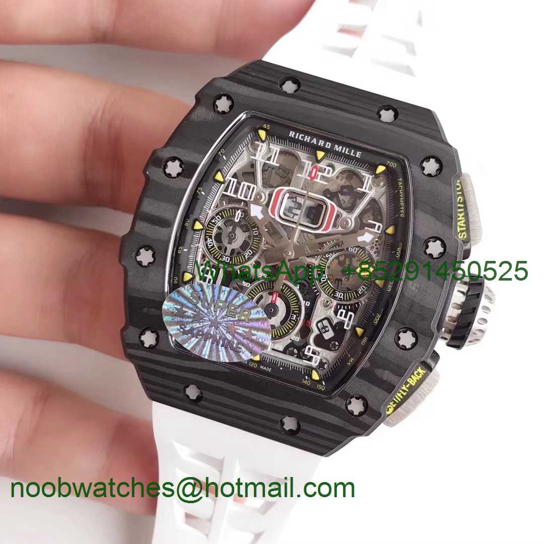 Replica Richard Mille RM011 Carbon Case Chrono KVF 1:1 Best Edition Crystal Skeleton Yellow Dial on White Rubber A7750