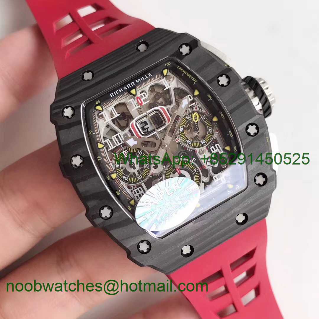 Replica Richard Mille RM011 Carbon Case Chrono KVF 1:1 Best Edition Crystal Skeleton Yellow Dial Red Rubber A7750