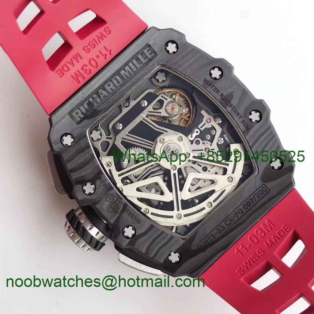 Replica Richard Mille RM011 Carbon Case Chrono KVF 1:1 Best Edition Crystal Skeleton Yellow Dial Red Rubber A7750