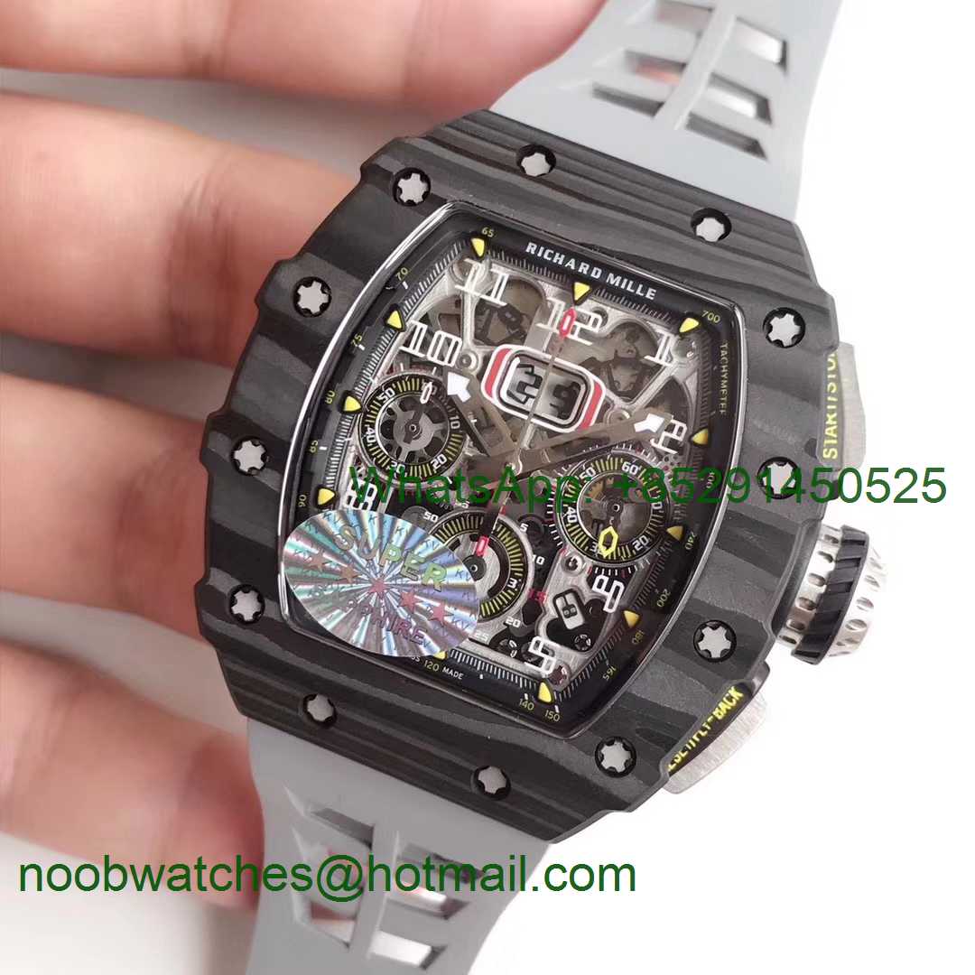 Replica Richard Mille RM011 Carbon Case Chrono KVF 1:1 Best Edition Crystal Skeleton Yellow Dial Gray Rubber A7750
