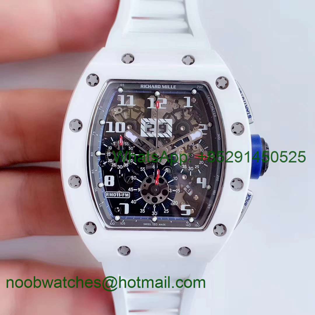 Replica Richard Mille RM011 Real White Ceramic Chronograph KVF 1:1 Best Edition Crystal Skeleton Dial White Rubber A7750